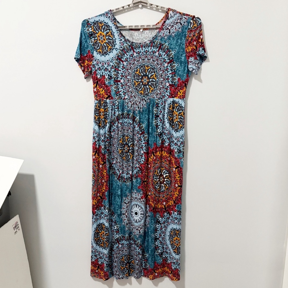 Bishuige Colorful Mandala‎ Print Maxi Dress Womens Sz 3X Short Sleeve Flowy Boho